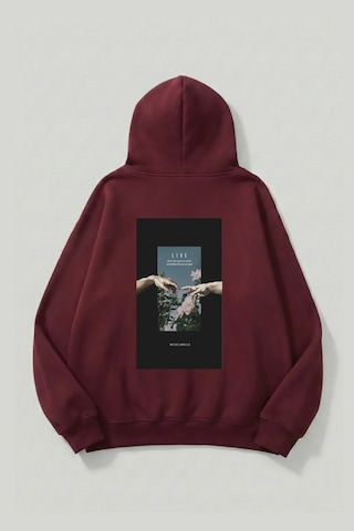 Uyguntarz Unisex Yumuşak Dokulu Live Baskılı Tasarım Oversize 3 İplik Hoodie Sweatshirt Bordo