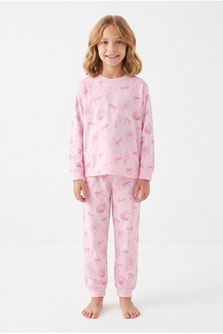 Bunny Hopp Kız Çocuk Pembe Deniz Kabuğu Ve Kurdele Desenli Uzun Kollu Pijama Takımı %100 Pamuk Süprem