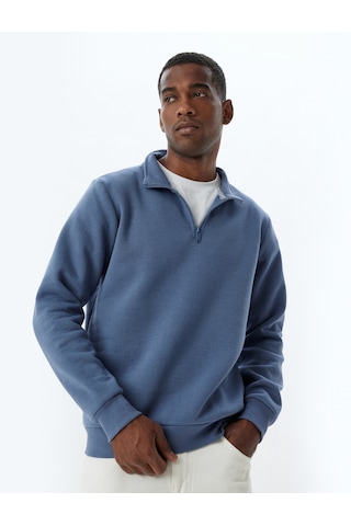Koton Yarım Fermuarlı Yaka Sweatshirt Uzun Kollu Pamuk Karışımlı Mavi 5wam70002mk Mavi