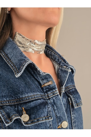 Arpa Pul Payet Zırh Metal Geniş Model Gümüş Choker Kolye Silver Çok Renkli
