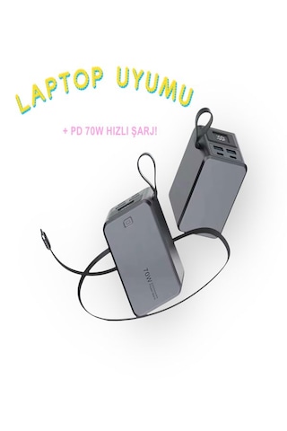 20000mah 70w Hızlı Şarj Powerbank Lcd Ekran 2x Usb + 2x Type-c Type-c Kablolu Çıkışlı Gri