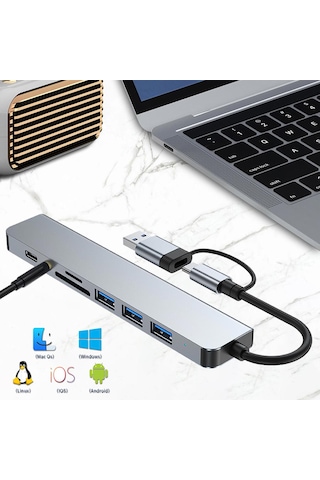 Apera MT96 OTG Kablolu Çoklayıcı Type-C USB Girişli 8in1 Adaptör Hub Çoğaltıcı Kart Okuyucu Aux