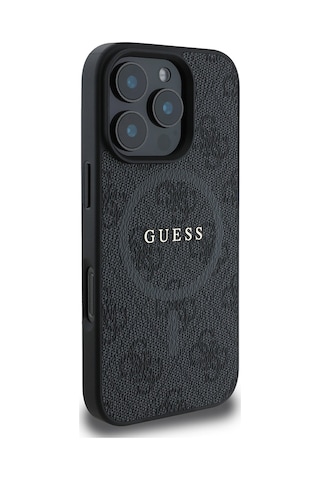 Apple Uyumlu iPhone 16 Pro Max Guess Lisanslı Halkalı Magsafe Şarj Özellikli 4g Desenli Yazı Logolu Kapak Siyah