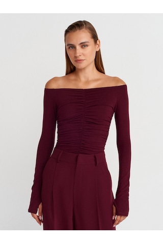 Dilvin 32089 Omuzları Açık Büzgülü Top-bordo Bordo