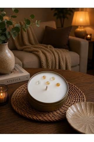 Doğal Taş Temalı 3 Lü El Yapımı Aromatik Mum Seti Nazar, Huzur, Ruhsal Denge Ve Bereket Gold Teneke Hediyelik Mum 001 - Beyaz