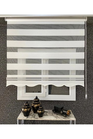 Krem Geniş Pliseli Zebra Stor Perde Eteği Dilimli Alüminyum Kasa+metal Ayak Krem
