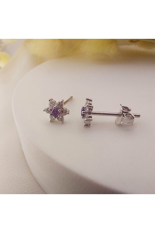 925 Ayar Gümüş Mor Taşlı Minimal Lotus Küpe Gümüş