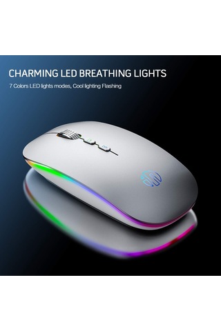 Kablosuz Şarj Edilebilir 2.4g Kablosuz Fareler Sessiz Tıklama Led Işıklı Usb Alıcı Gümüş Diğer