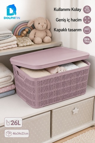 Jute Kapaklı Saklama Kutusu 26 L Plastik Mutfak Kiler Dolap İçi Organizer 46x34x23 Cm Mor