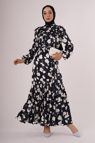 Lacivert Çiçek Motifli Fatma Sezen Elbise Lacivert