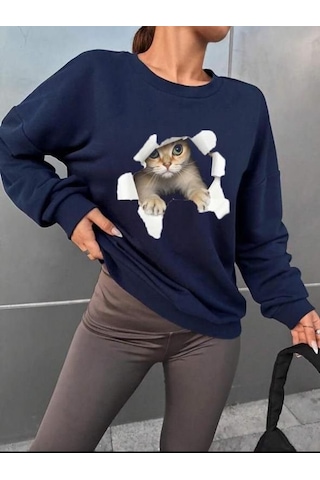 Efnaz Style Kadın Uzun Kollu Bisiklet Yaka Kedi Desenli Viskon Iki Iplik Bluz Lacivert