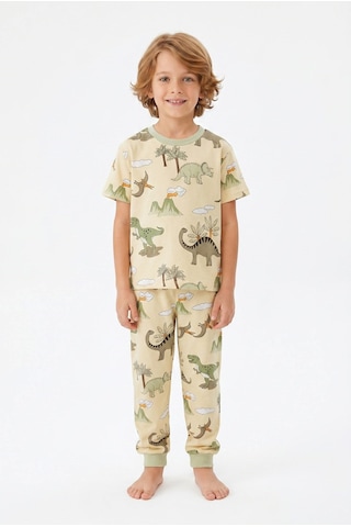 Bunny Hopp Yazlık Kısa Kollu Erkek Çocuk Pijama Takımı Safari Desenli %100 Pamuk Bej