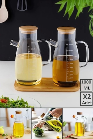 2li Bambu Kapaklı 1000 Ml Yağdanlık Borosilikat Cam Yağlık Sirkelik Şişesi Master Vakumlu Sosluk