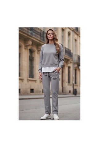 The Kadın Basic Bisiklet Yaka Etek Ucu Detaylı Sweatshirt Ve Pantolon Eşofman Takımı- Siyah/melanj/gri Gri