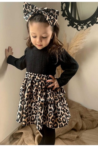 Kız Çocuk Desenli Triko Bandana 3lü Doğum Günü Günlük Hediye Elbise Takım Çok Renkli