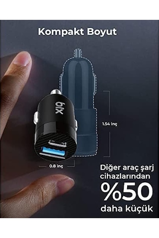 Bix Bxac65c 65w Pd Type-c & 18w Usb-a Girişli Çift Portlu Hızlı Şarj Özellikli Araç İçi Şarj Cihazı Siyah