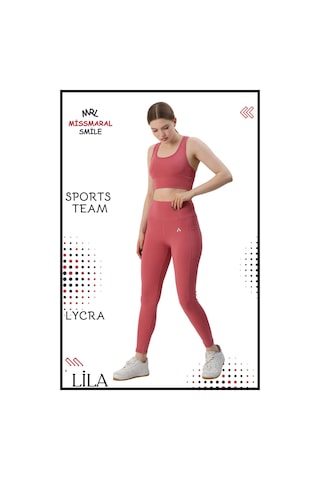 Missmaral Kadın Alt Üst Takım Fitness Pilates Koşu Sporcu Slim Fit Tayt Çift Cep Yüksek Bel Likralı Gül 3065 Gül Kurusu
