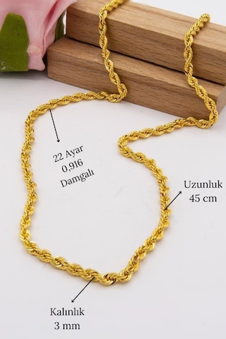 Latif Kuyumculuk 22 Ayar Altın Halat Zincir 3 Mm Halat Zincir 45 CM Lkznc1061
