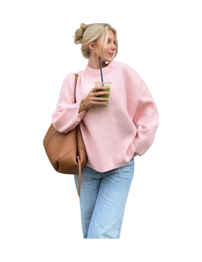 Kozia Outdoors Pembe Bisiklet Yaka Oversize Triko Kazak Pembe