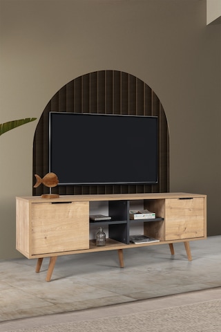 3619 Sina 160 Cm Ahşap Ayaklı , Metal Kulplu Tv Ünitesi , Safir - Antrasit , Tv Sehpası Safir - Antrasit