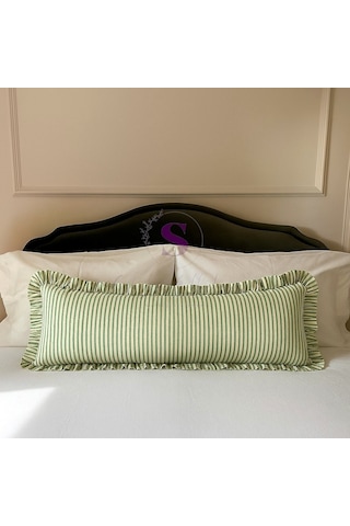 Fırfırlı Vintage Buldan Yeşil Çizgili Iskandinav Uzun 40x100 Kırlent Yastık İçi Dolgulu Yeşil - Bej