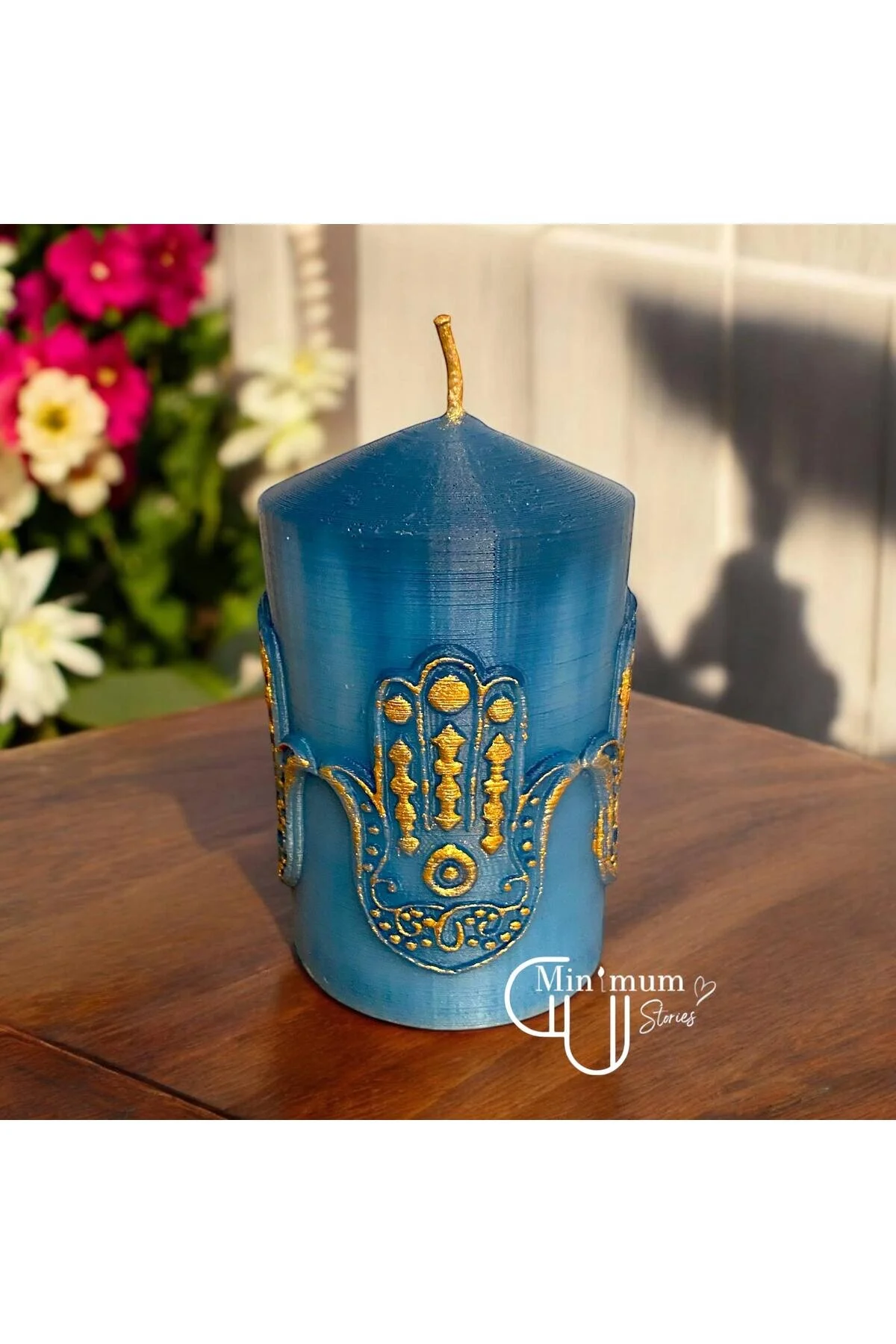 Hamsa Fatma Ananın Eli Yeşil Elma& Tarçın Kokulu Mum Nazar Koruyucu Dekoratif Hediye Mavi - Altın