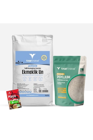 Tam Tarım Glutensiz %100 Tam Çiğ Karabuğday Unundan Ekmeklik Un 5 KG + Psyllium Karnıyarık Otu Tozu 100 G + Kuru Maya 3 x 10 G
