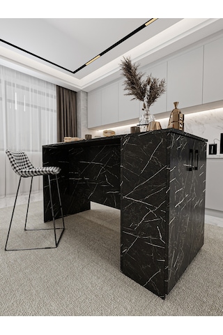 Asra Trend Mutfak Adası MA-04 %100 MDF Dolaplı Yemek ve Bar Masası Royal Mermer