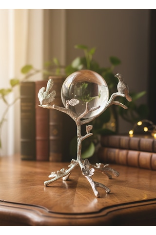 Furkan Metal Dekoratif Ayaklı Kuşlu Küre Güümüş Obje 1