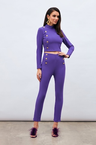 Sateen Düğme Detaylı Pantolon - Mor-132977 Mor