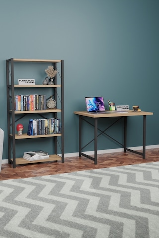 Metal Kitaplık 5 Raflı + 60x90 Cm Çalışma Masası Atlantik Çam