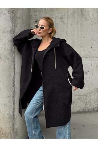 Kapüşonlu Fermuarlı Uzun Ceket Siyah