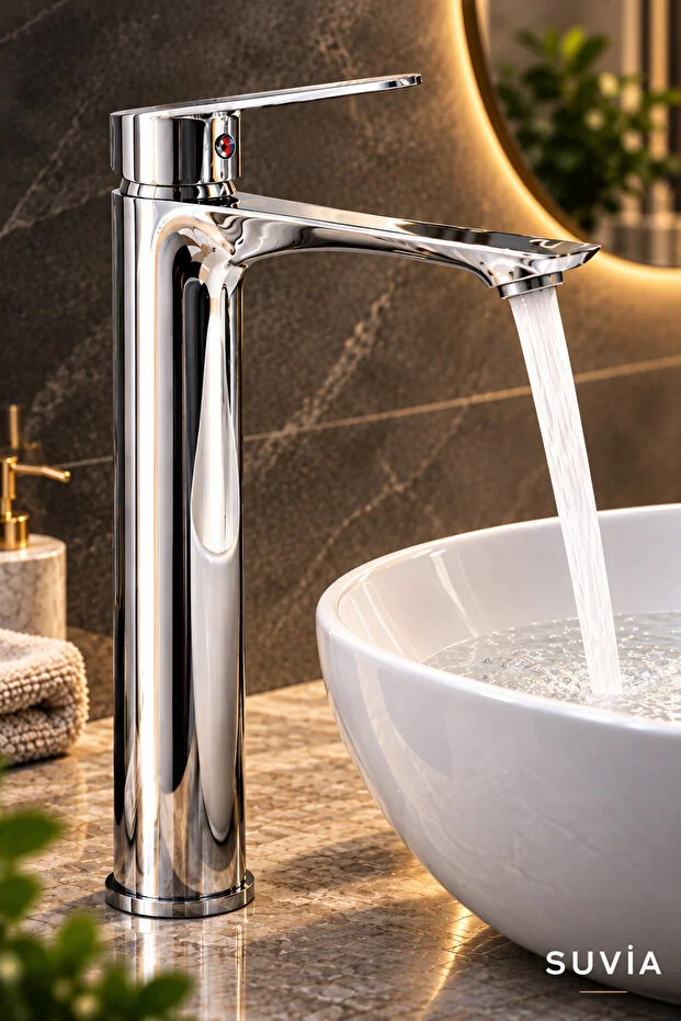 Lavabo Bataryası Yüksek Gövde Krom Çanak Lavabo Musluğu Sıcak Soğuk Su Bataryası
