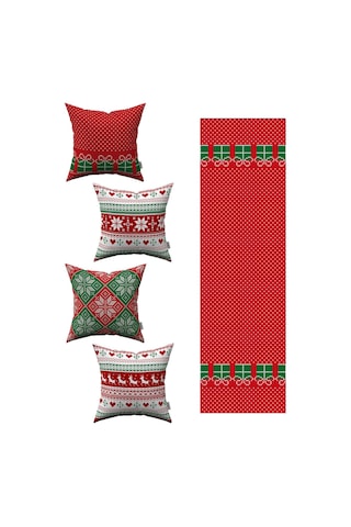 Kırmızı Yılbaşı Temalı 4'lü Kırlent Kılıfı 1 Runner Seti 4kmbs060-rs-04