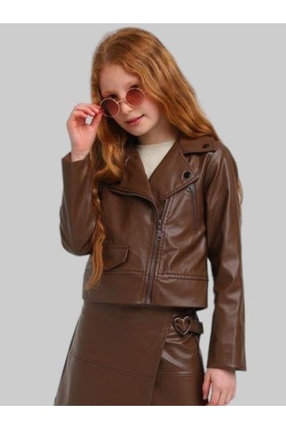 Kız Çocuk Fermuar Detaylı Deri Ceket-13666 Kahverengi