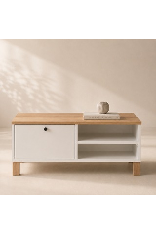 The Voguemaxima Livenza Kapaklı Kayın Ahşap Ayaklı Orta Sehpa 90 60 38,6 Cm Beyaz