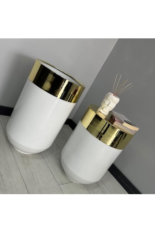 Dekoratif Gold Darbuka Parlak Beyaz Saksı 70cm + Sehpa 60cm İkili Set