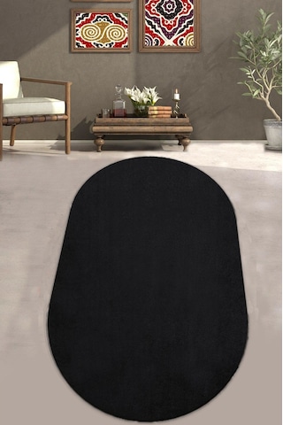 Siyah Fluffy Oval Post Peluş Halı Antibakteriyel Kaymaz Taban