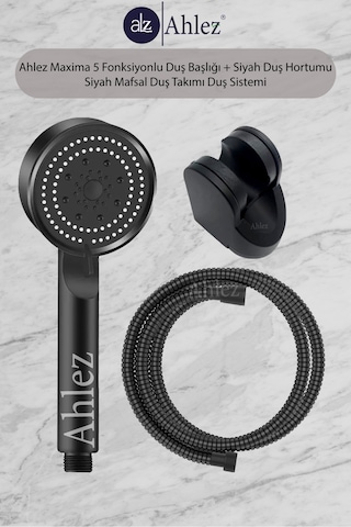 Ahlez Maxima 5 Fonksiyonlu Duş Başlığı + Siyah Duş Hortumu Takımı Siyah