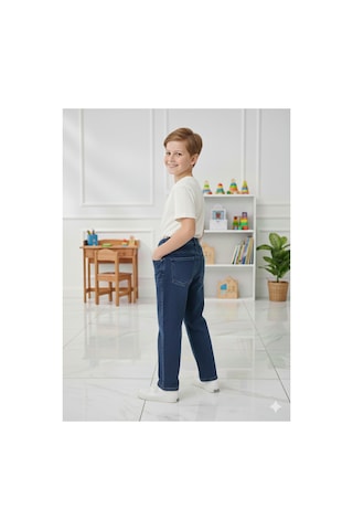 Erdem Kıds Erkek Çocuk Pamuklu Beli Lastikli Baggy Jean Pantolon Rahat Kalıp Geniş Bol Paça Kot Pantolon Koyu Mavi Koyu Mavi
