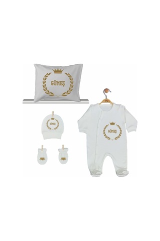Pia Baby Gl 2007 İsme Özel Taçlı Beşli Tulum Set Krem