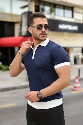 Valensdesign Erkek Yaka Ve Kol Detaylı Fermuar Yakalı Çizgi Desen Kısa Kollu Triko Tişört Lacivert