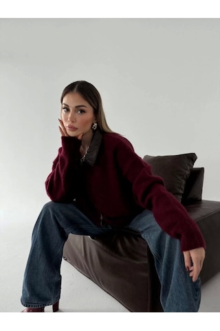 Deri Yakalı Pamuk Dokulu Çift Taraflı Çalışan Fermuar Ceket - Bordo Bordo