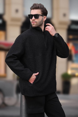 Madmext Siyah Dik Yaka Yarım Fermuarlı Buklet Sweatshirt 7084 Siyah