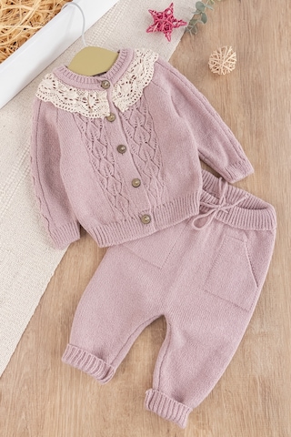 Babymod Dantel Yakalı Triko Kız Bebek Hırka Pantolon Takım Triko Bebek Seti 001