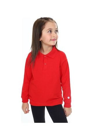 Kız Çocuk Regular Fit Polo Yaka Düşük Omuz Nakış Baskılı Sweatshirt - 2 İplik Kırmızı