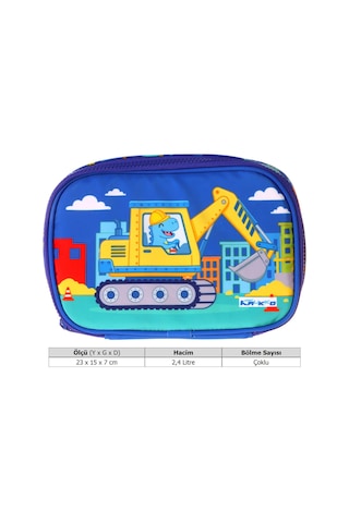 Kaukko Kids Dinazor Ve İş Makinesi Baskılı Mavi - Sarı Erkek Çocuk Organizer Kalem Çantası - Kalemlik - L5374