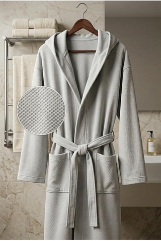 Soft Comfort Lacost Örgü Unisex Kapüşonlu Bornoz Gri