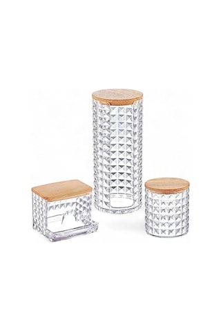 Diamond Ahşap Kapaklı 3&apos Lü Organizer Set, Diamond Model Modern Pamukluk Düzenleyici Şık 3&apos Lü Pamukluk Set - Şık Ve Fonksiyonel Ahşap Kapaklı 3&apos Lü Organizer Set 000 Açık Krem