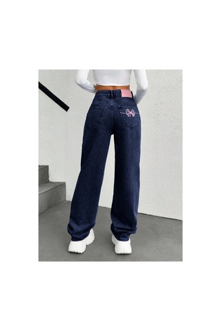 Kene Jeans Kemer Derili Tek Cep Nakışlı Lacivert Boru Paça Lacivert
